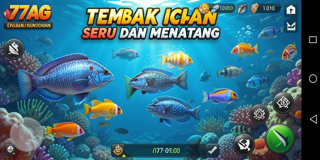Screenshot gameplay menampilkan aksi menembak ikan di 77AG.