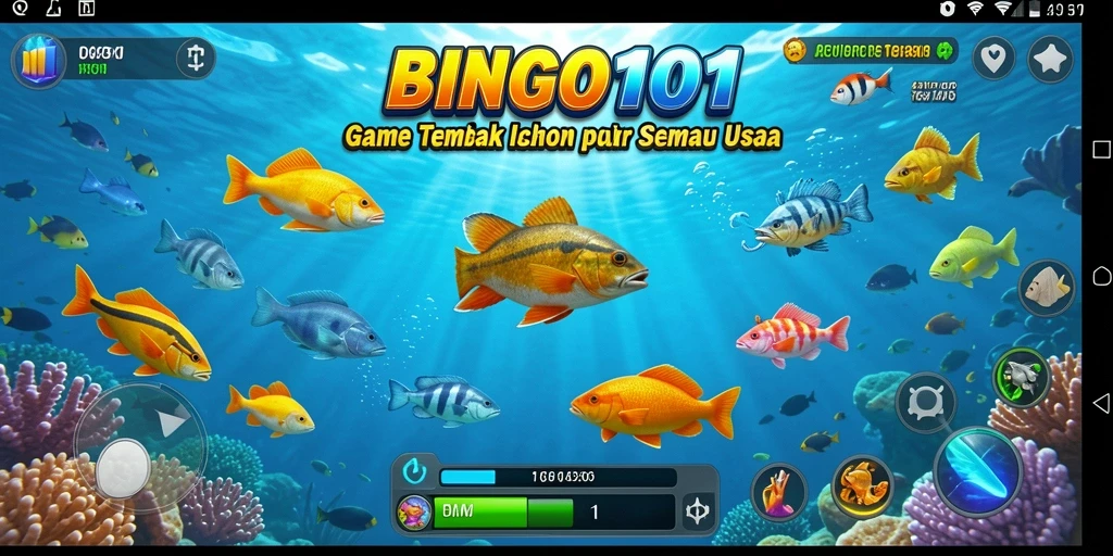 Menampilkan aksi seru dalam gameplay Tembak Ikan BINGO101.