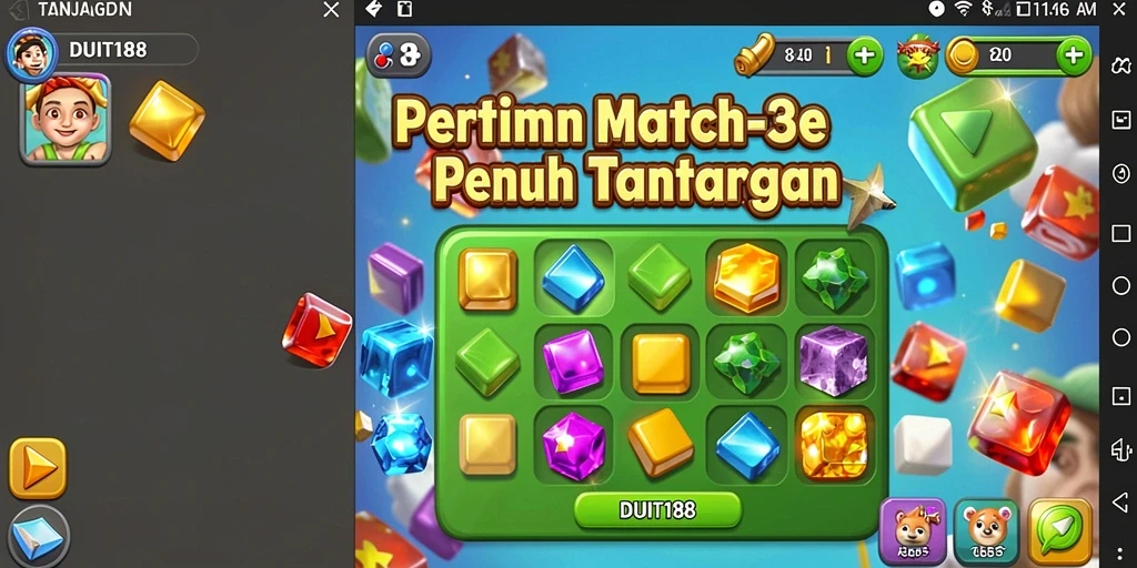 Screenshot DUIT188 menampilkan aksi seru gameplay Match-3 yang penuh warna.