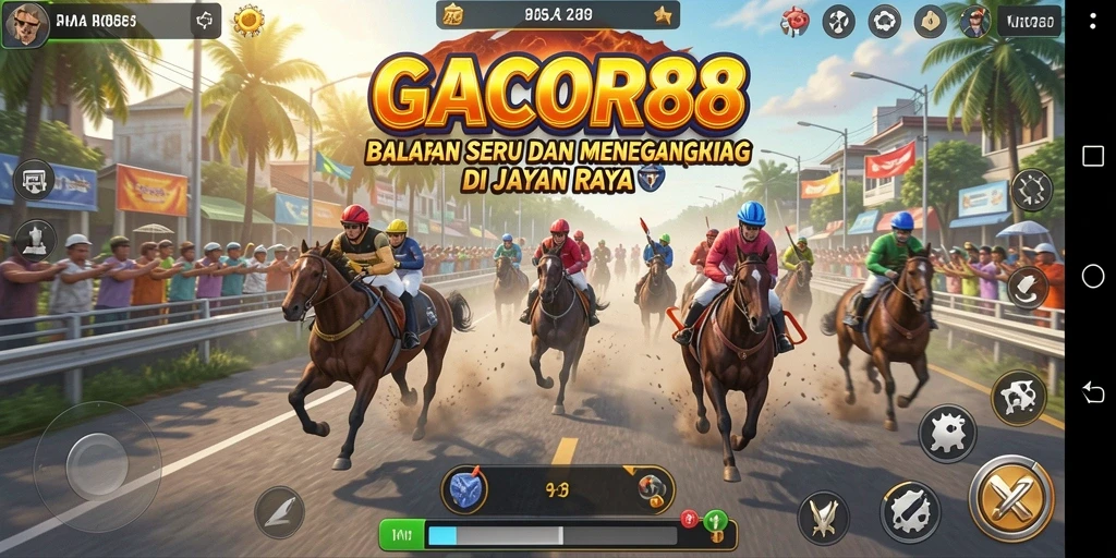 Tampilan gameplay menegangkan di GACOR88 saat balapan di jalur kota.
