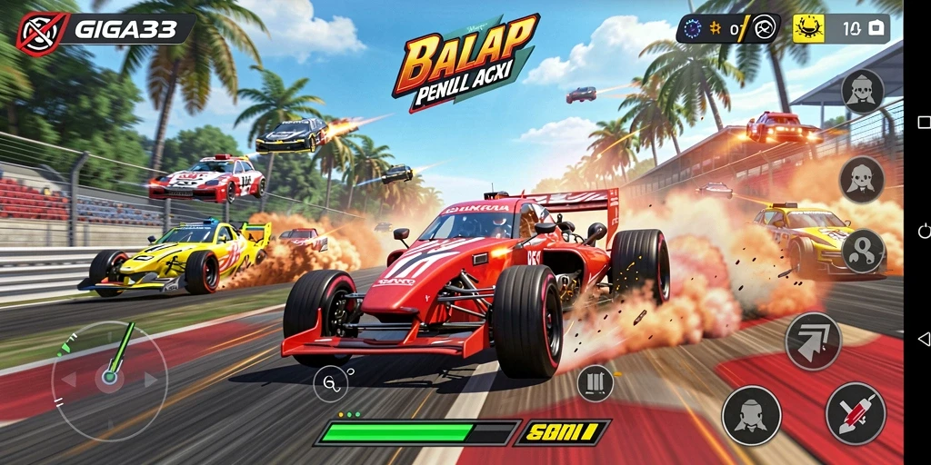 Screenshot gameplay GIGA33 dengan aksi balap yang mendebarkan.