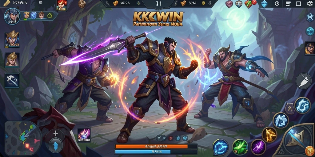 Tangkapan layar utama KKWIN menampilkan aksi gameplay MOBA yang mendebarkan.