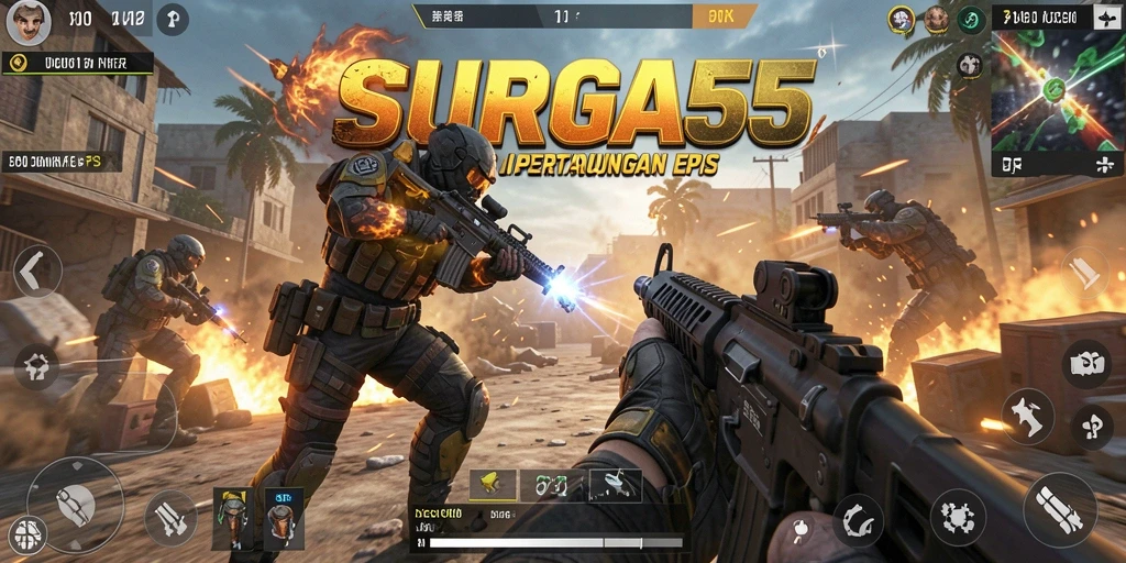 Gameplay SURGA55 yang seru dengan pertempuran FPS intens.