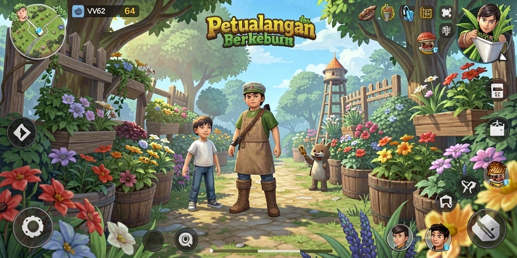 Tampilan gameplay VV62 menampilkan suasana berkebun yang cerah dan mengasyikkan.